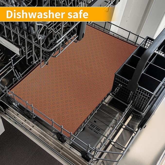 Ptlom Dog Food Mat Anti-Slip Bowl Mats for Food and Water, Waterproof Silicone Pet Placemat with High Raised Edges, Non-Slip Puppy Feeding Tray for Small, Medium Large Cats Dogs, Brown, 24.5" 16.5"