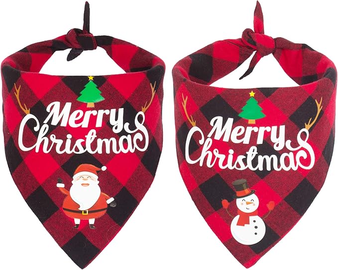 ADOGGYGO 2 Pack Dog Bandana Christmas Classic Plaid Pet Scarf Triangle Bibs Kerchief Merry Christmas Red Santa Snowman Bandana for Large X-Large Dogs Pets (X-Large)