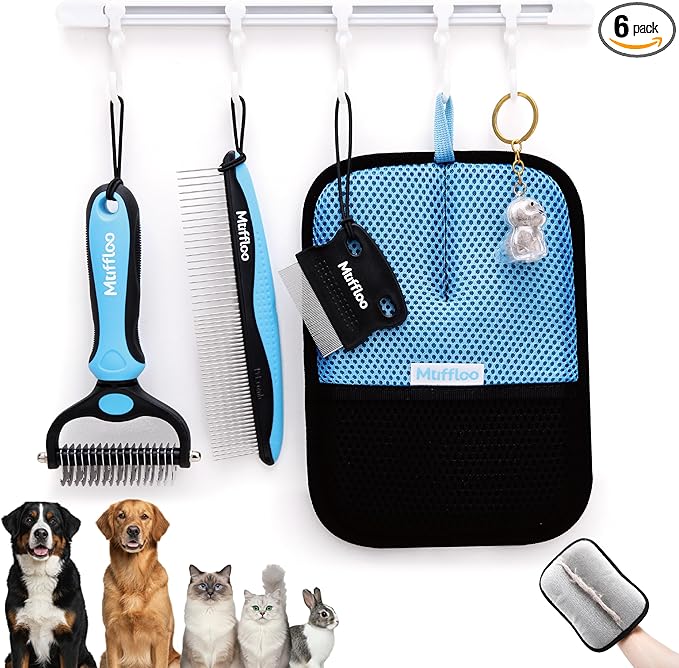 Pet Hair Removal & Dematting Kit: 6 Tools for Dogs and Cats with Shedding Glove, Undercoat Rake, Metal Comb, Flea Comb, Keychain, Hanger - for Car & Rug Clean - Ideal for Golden Retrievers & Long Hair