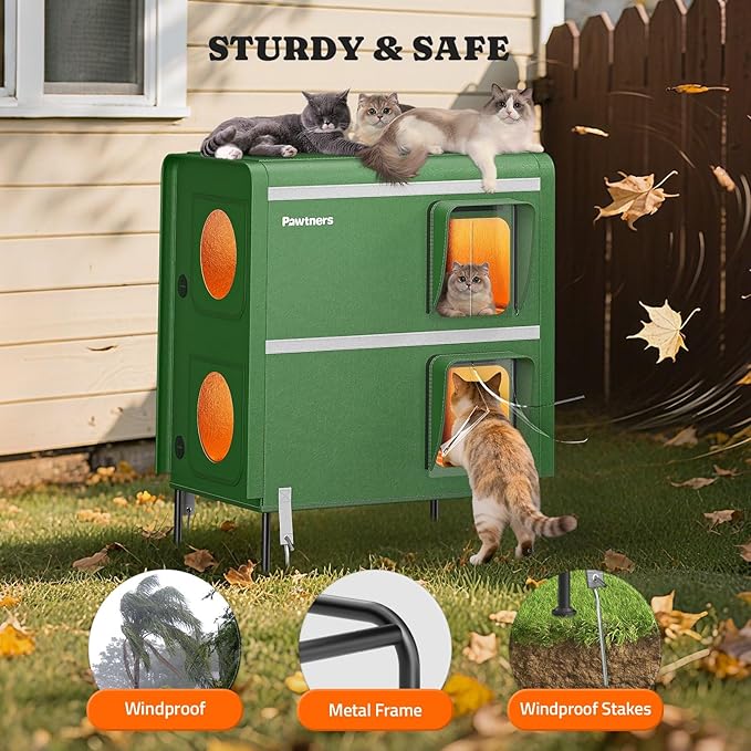 Pawtners Heated Outdoor Cat House for Outside Cats, 26'' XXL 2-Story Insulated Weatherproof Cat Shelter with Heated Pad, Elevated Feet & Escape Door, Warm Kitty House for Feral or Stray Cats in Winter