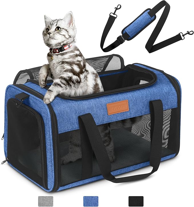 PETUX TSA Approved Pet Carrier in Cabin - 17"x11"x9.5", Underseat, Soft Sided Cat Carriers with Safety Zippers and Anti-Scratch Mesh for Small Cat up to 12 lb, Ideal for Travel and Vet Visit, Blue