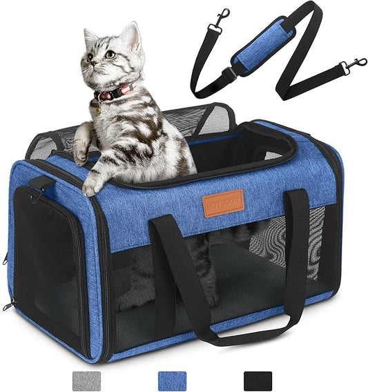 PETUX TSA Approved Pet Carrier in Cabin - 17"x11"x9.5", Underseat, Soft Sided Cat Carriers with Safety Zippers and Anti-Scratch Mesh for Small Cat up to 12 lb, Ideal for Travel and Vet Visit, Blue