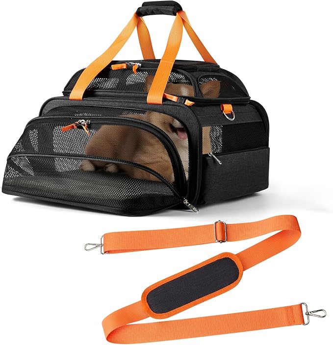 18x13.5x9 TSA Approved top and 1 Side Expandable pet Carrier for Small Dog Puppy cat up to 8 lbs Weight, for Spirit Southwest Airlines with Double Zipper Locks and 2 Pockets.