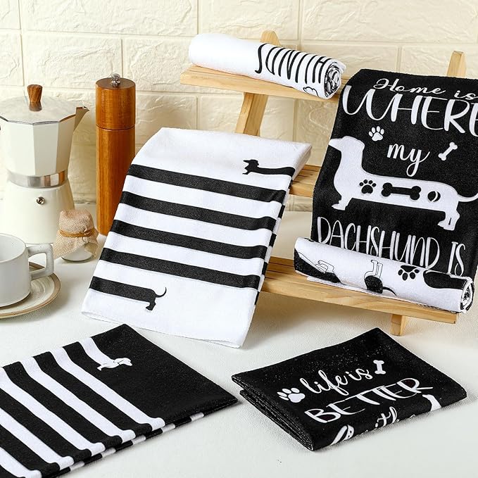 TecUnite 6 Pcs Dachshund Kitchen Towels Set Funny Long Dog Dishtowels Cute Dachshund Absorbent Decorative Hand Tea Towels for Cleaning Drying Women Mom Dog Lovers Housewarming Gifts Decor