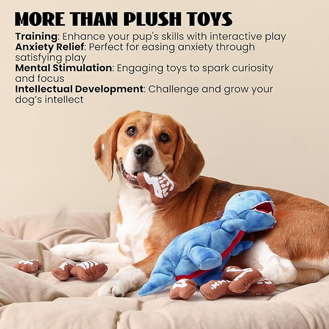 Nocciola Plush Dinosaur Dog Toys: Funny Squeaky Stuffed Dino Chew Toy for Small Medium Breed, Cognitive Enrichment Puzzle Mental Stimulation Training Pet Supplies to Keep Busy, 9 Packs