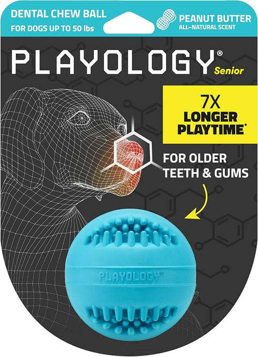 Playology Dog Toys | Dental Chew Ball Gentle on Gums | Medium Peanut Butter Scented Toy - Easy to Clean and Made from Non Toxic Materials