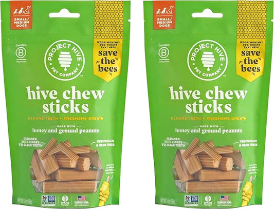 Hive Chew Stick Treats for Small Dogs 2 PackÑ Healthy, Non-GMO Project Verified, Natural Peanut Butter Flavored, Natural, Vegetarian Chews, Made in The USA (Chew Sticks, Small Breeds)