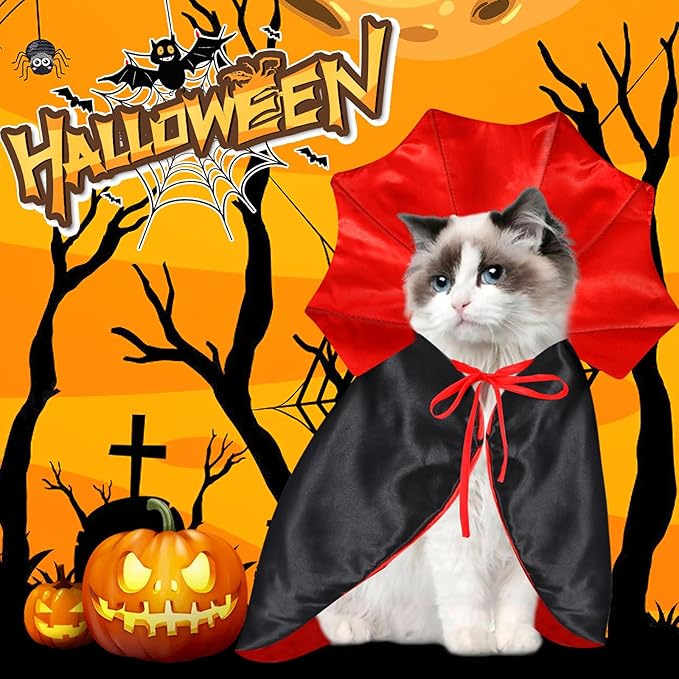 Cat Vampire Cloak-Pet Halloween Costumes, Dogs Cats Cape, Pet Cosplay Vampire Cloak & Accessories Costume Outfit for Halloween Party(Red,S)