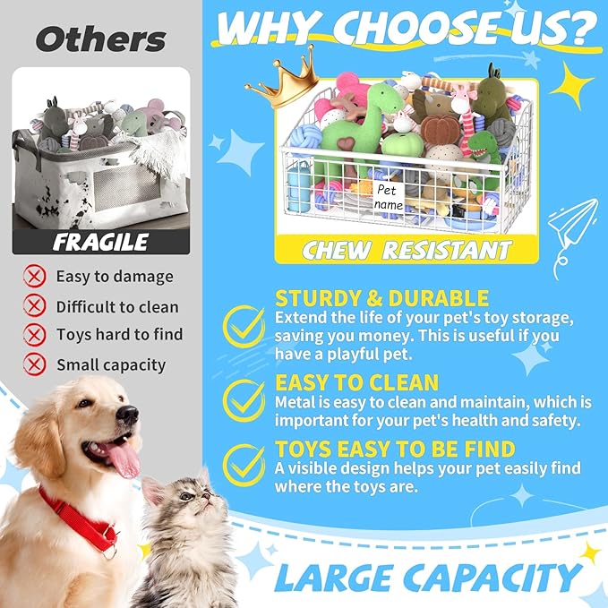 Indestructible Dog Toy basket, Medium Toy Box for Dogs,Pet Toy Bin Dog Metal Basket for Toys, Dog Toy Storage, Dog Storage Organizer,Dog Toy Box for Living Room Area (White)