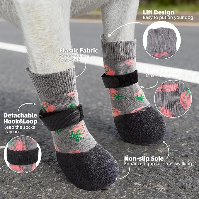 PUPTECK Anti Slip Dogs Shoes for Hot/Cold Pavement, Senior Booties, Rubber Boots & Paw Protectors for Small Medium Large Size Dogs to Prevent Licking, Grippy Socks for Hardwood Floors, Strawberry L