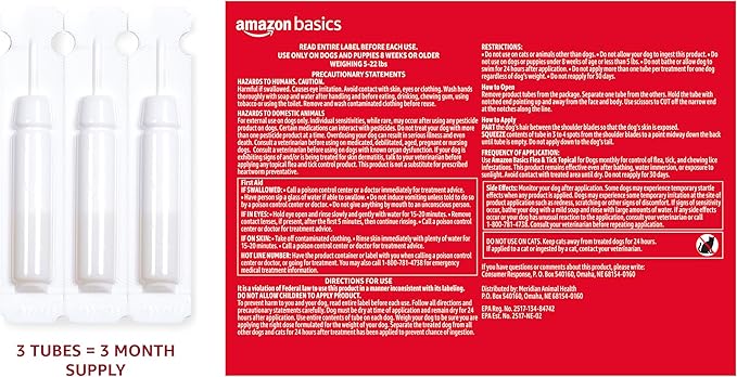 Amazon Basics Flea and Tick Topical Treatment for X-Large Dogs (89-132 Pounds), 3 Count, Packaging May Vary