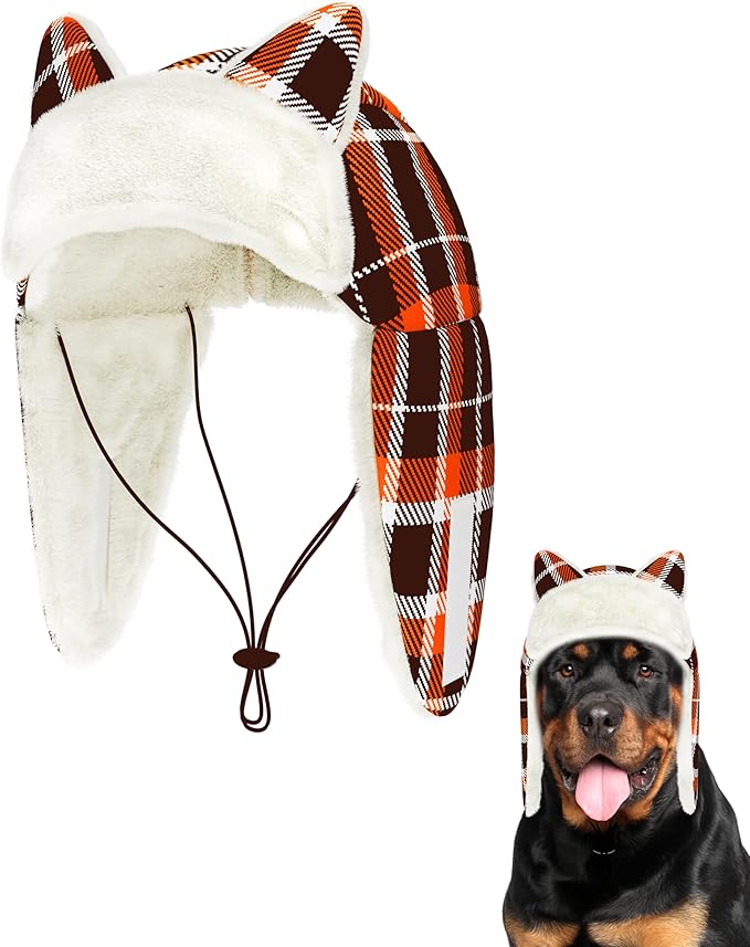 PET SHOW Dog Trapper Hat Winter Hat for Medium Large Dogs Fall Thanksgiving Warm Fleece Aviator Hats with Ear Flaps Adjustable Outdoor Boy Pet Pilot Costume Cap L-Orange Plaid/Without Ear Holes