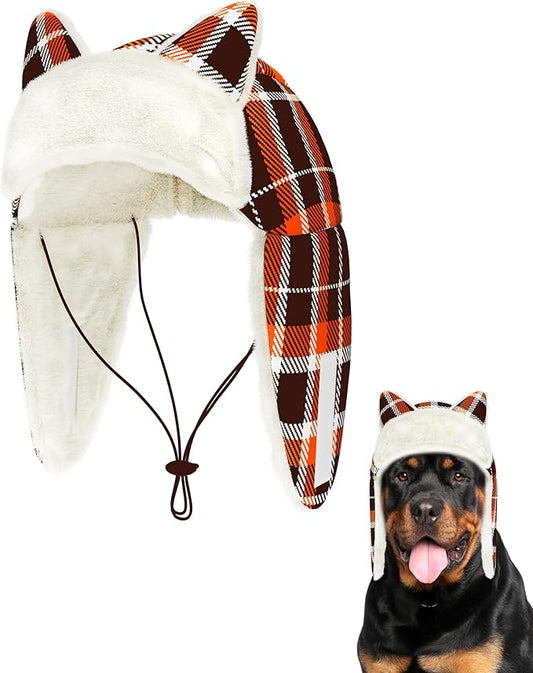 PET SHOW Dog Trapper Hat Winter Hat for Medium Large Dogs Fall Thanksgiving Warm Fleece Aviator Hats with Ear Flaps Adjustable Outdoor Boy Pet Pilot Costume Cap L-Orange Plaid/Without Ear Holes