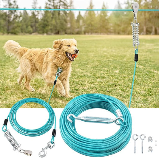 100FT Dog Runner for Yard with 10FT Tie Out Cable - Heavy Duty Trolley System for Large Dogs Up to 250LBS, Backyard/Park/Camping Use (Ice Blue, 100FT+10FT)