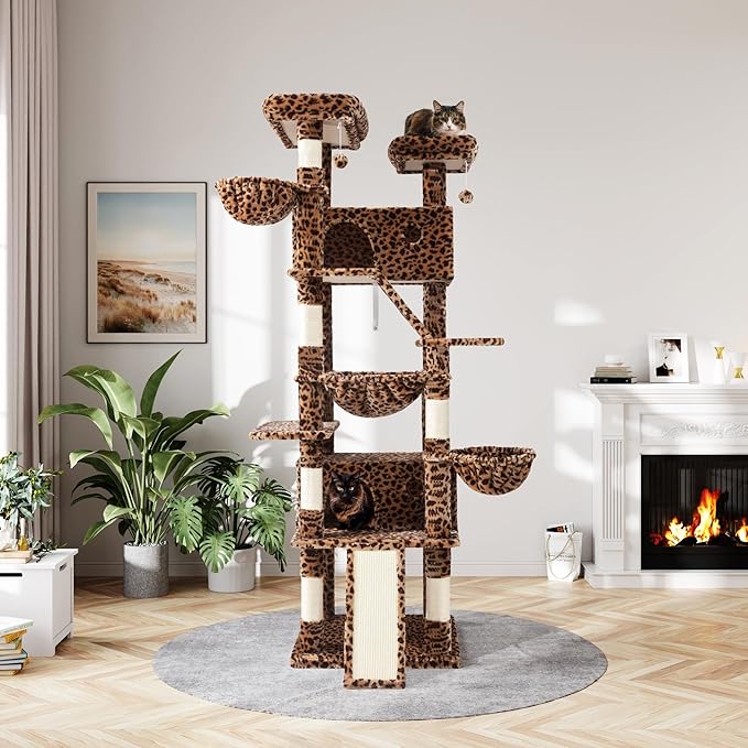 MUTICOR 81 inches Multi-Level Tall Cat Tree Tower for Indoor Kitties/Large Climbing Tree House for Big Feline/Condo/Sisal Scratching Posts/Plush Perches Platforms/Basket Hammock/Leopard Print