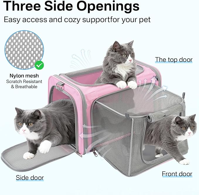 Cat Carrier Soft for Travel & Vet Visits, Expandable Soft Pet Carrier for Cats Dogs Up to 15 lbs, Breathable & Cozy Cat Bag Carrier, Airline Approved Portable Pet Travel Carrier, Pink