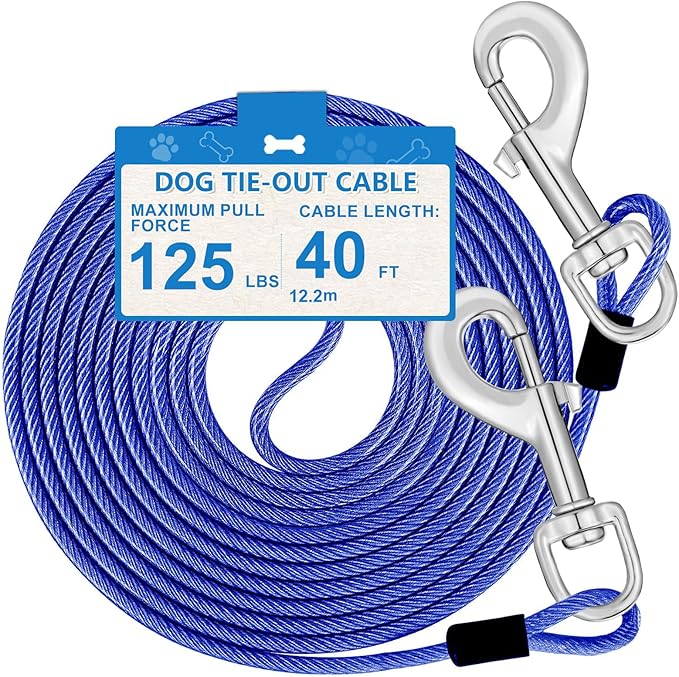 40, Dog Tie Out Cable, Dog Leash Heavy Duty Tie Out Cable for Large Dogs Up to 125lbs Pull Force, Dogs Runner for Yard Outdoor and Camping, Heavy, Blue