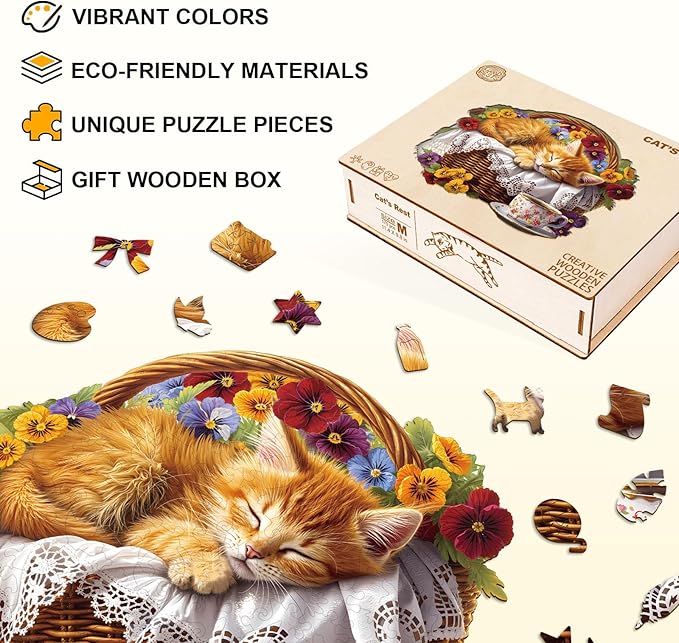 KAAYEE Wooden Puzzles for Adults, Cat’s Rest Puzzles, 245 Piece Unique Animal Shape Puzzle, Cat Wood Puzzle for Adults, Creative Gifts for Cat Lover/Friends/Family, Home Decor(13.4 * 11.4in)