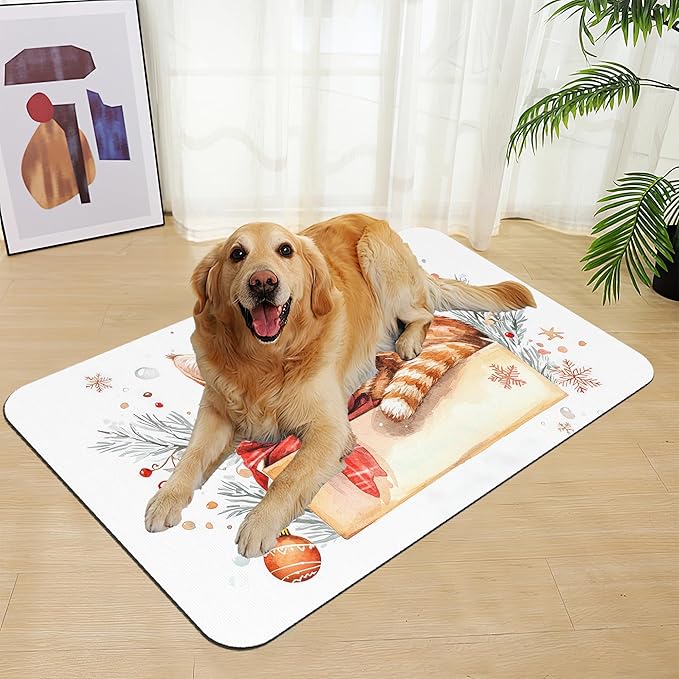 Cat Dog Cat Food Mat–Absorbent Waterproof Placemat for Food and Water Bowls, Non Slip Rubber Backing, Feeding Mat for Clean Floors 12"x20"