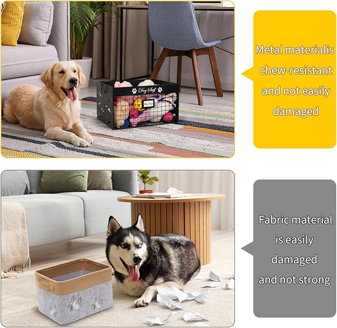 Dog Toy Basket - Large Dog Toy Box with Handles and Label Position Design for Living Room, Metal Dog Toy Bin Storage for Dogs Chew Pets Toys, Blankets, Clothes, Food (Black)
