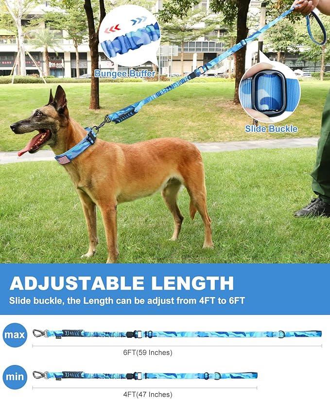 Hotsky Tactical Dog Leash Heavy Duty for Medium Large Dogs That Pull,4-6Ft Strong Bungee Shock Absorbing No Pull Dog Leash with Padded Double Handle and Car Seatbelt,Blue Camo