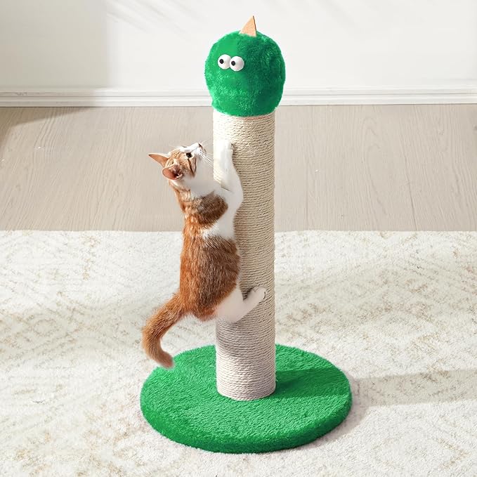 22" Cat Scratching Post, Sisal Cat Scratcher with Interactive Hanging Toy, Monster Scratch Pole for Indoor Cats, Cute Cat Scratch Post for Kittens & Large Cats, Green