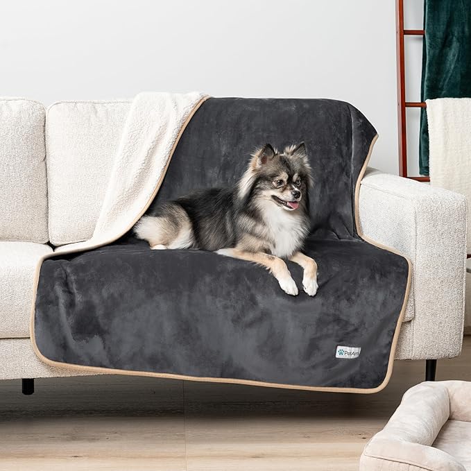 PetAmi Waterproof Dog Blanket for Extra Large Dogs, Pee Proof Pet Blanket for Bed Couch, Reversible Water Proof Blanket for Puppy Indoor Cat, Soft Dog Crate Cover Washable, Queen 90x90 Gray/Beige