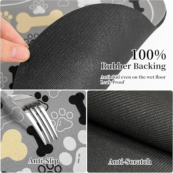 Dog & Cat Food Mat Bone Shaped Pet Feeding Mat Quick Absorb Water Bowl Placemat with Rubber Backing Indoor Floor Stain Resistant Pet Accessory Supplies (Gray, 12x24 Inches)