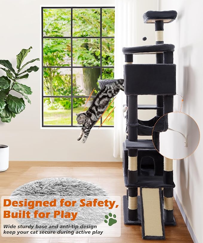 AMHANCIBLE Heavy Duty Cat Tree for Indoor Cats Large Adult 20 lbs+, 83 Inch Multi-Level Tall Cat Tower with Scratching Post and Board, Hammock, Condos, Hanging Basket, Dark Grey, PT21DG