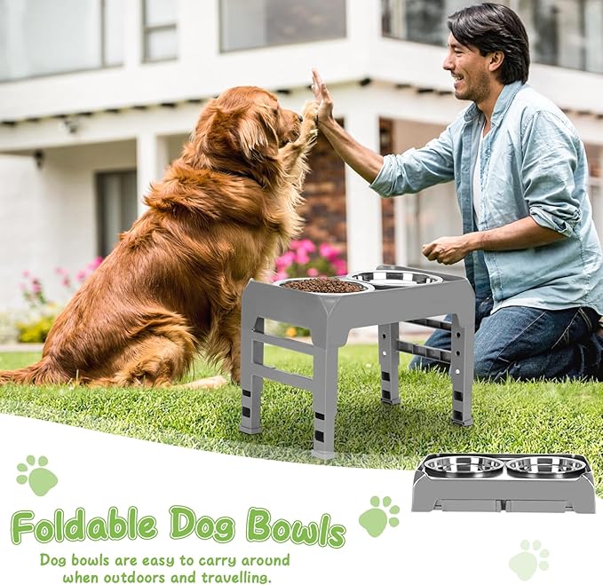 Elevated Raised Dog Bowl Stand with 2 Stainless Steel Bowls, Adjustable Height for Medium Large Dogs, 12.36" - 3.7" Foldable Feeder, Grey
