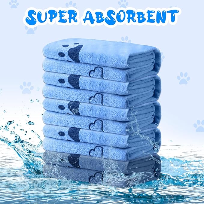 Tatuo 12 Pcs Dog Grooming Towels 28 x 55 Inch Microfiber Drying Pet Bath Towels Dog Absorbent Towel Quick Drying Puppy Bathing Supplies for Small Medium Large Puppy Cat(Blue,Paw, Bone)