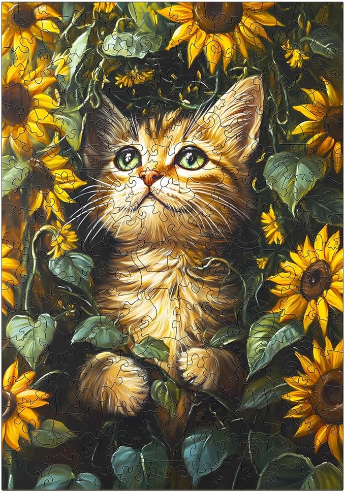 KAAYEE Wooden Puzzles for Adults, Sunflower and Cat 255 Piece Unique Animal Shape Puzzle, Cat Wood Puzzle for Adults, Creative Gifts for Friends/Family, Home Decor(13.4 * 9.4in)