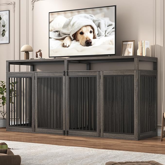 87In Farmhouse Dog Crate TV Stand, Wooden Dog Kennel Furniture with 2 Doors, Large Dog Crate Furniture for 2 Dogs, Solid Metal Tube & 4 Lockable Doors, Grey