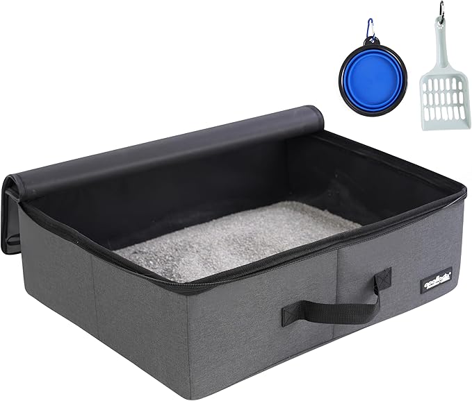 apollo walker Portable Cat Travel Litter Box with Zipped Waterproof Bag,Collapsible Litter Carrier for Cat with Zipped Lid and Handle, No Leakage, No Smell, Easy to Carry and Use in Hotels, Car Gray