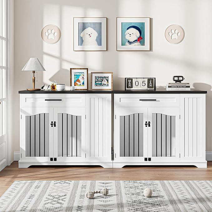 Furniture Style Dog Crate for Large Dogs, 44 Inch Heavy Duty Wooden Dog Kennel Furniture with Drawer & Side Storage and Bulit-in Feeding Station,White Set of 2