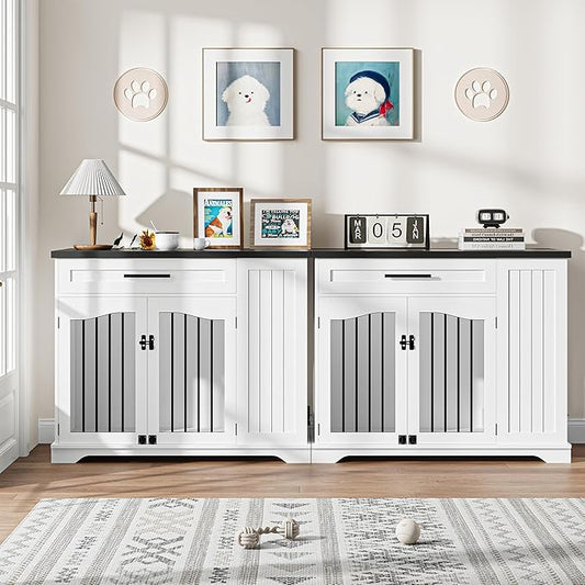 Furniture Style Dog Crate for Large Dogs, 44 Inch Heavy Duty Wooden Dog Kennel Furniture with Drawer & Side Storage and Bulit-in Feeding Station,White Set of 2