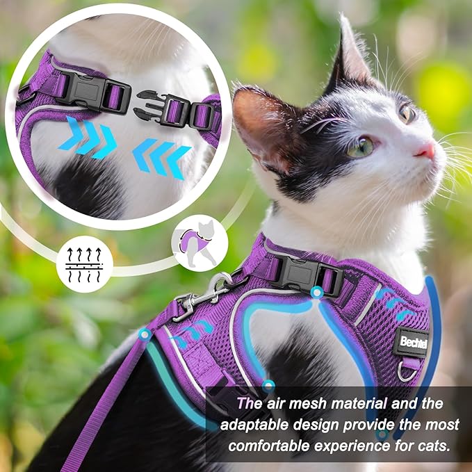 Cat Harness and Leash for Walking, The Upgrade Can be Adjusted in Four Directions and Breathable Cat Harness for Anti Escape That can be Fitted and Positioned, Reflective Strips Harness, Purple,XS