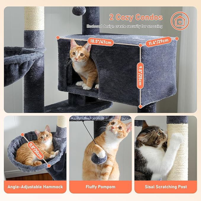 Cat Tree for Indoor Cats, 2 Cozy Condos with Spacious Top Perch, 56.3-Inch Multi-Level Cat Tower with Scratching Posts, 2 Caves, Plush Hammock and Climbing Ramp, Dark Grey