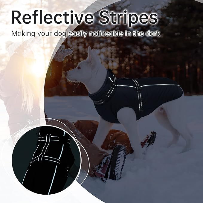 PUMYPOREITY Snow Jacket for Large Dogs Waterproof, Warm Dog Winter Coat with Harness Built in, Fleece Jacket with Back Zipper, Cold Weather Coats for Outdoor, Windproof Pet Snowsuit, Black, 2XL