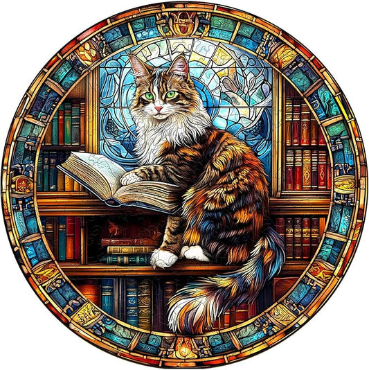 Wooden Puzzles for Adults, Wooden Jigsaw Puzzles for Adults Kids, The Maine Cat Library Unique Shaped Wood Puzzles Adult, Creative Birthday Gifts for Friends Family Game (8.5 * 8.5in 100pcs)