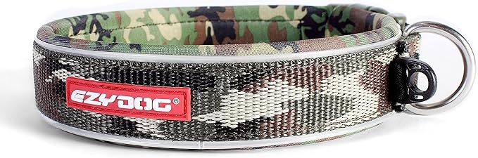 EzyDog Neo Dog Collar - Waterproof & Reflective Dog Collar with Soft Padded Neoprene for Comfort & Durable Nylon – Features Quick Release Buckle and Built-in ID Clip (Medium, Green Camo)