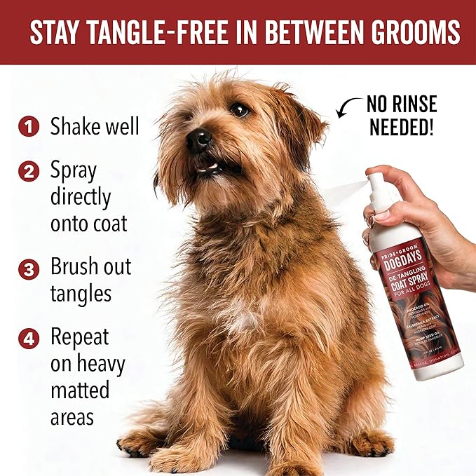 Pride and Groom DogDays Detangling Coat Spray for All Dogs | Conditioner & Detangler Spray for Shiny, Tangle-Free Fur | Hydrating & Repairing Formula with Fresh Scent | Made in USA – 16 fl oz