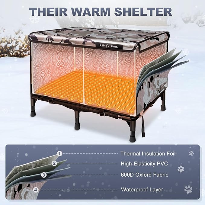 Heated Cat House for Outside in Winter, Weatherproof Insulated Outdoor Cat House with 2 Door & Elevated Base & Rain Coat, Feral Cat Shelter for Stray Cat (24"x18"x18")
