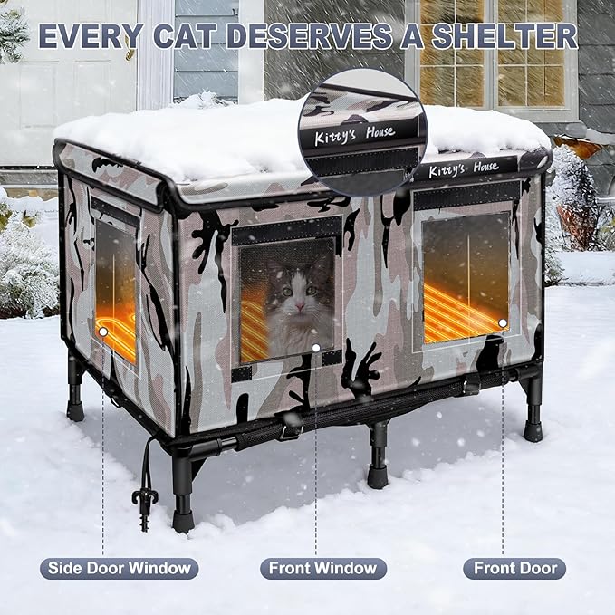 Heated Cat House for Outside in Winter, Weatherproof Insulated Outdoor Cat House with 2 Door & Elevated Base & Rain Coat, Feral Cat Shelter for Stray Cat (24"x18"x18")
