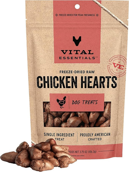 Vital Essentials Single Ingredient Chicken Hearts Dog Treats, 3.75 oz | Freeze-Dried Raw | Premium Quality High Protein Training Treats | Grain Free, Gluten Free, Filler Free