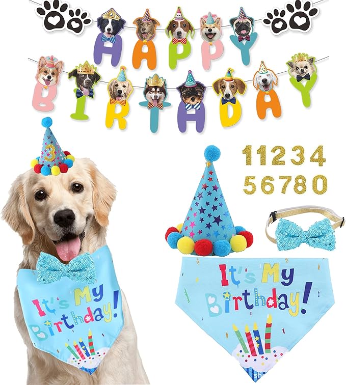 Dog Birthday Decorations, Puppy Birthday Party Outfits,Birthday Hat/Bow Tie/Bandana/Happy Birthday Banner,Pet Theme Suit Apparel & Accessories for Boy Golden Doodle Teddy Husky Labrador (4PCS Blue)