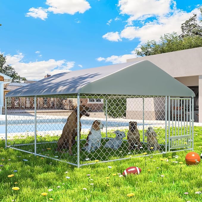 Erinnyees 10FT x 10FT Outdoor Dog Kennel with Roof, Dog Kennel Outside Dog Run Fence, Large Dog House Pen Enclosure with Secure Lock and Textilene Door