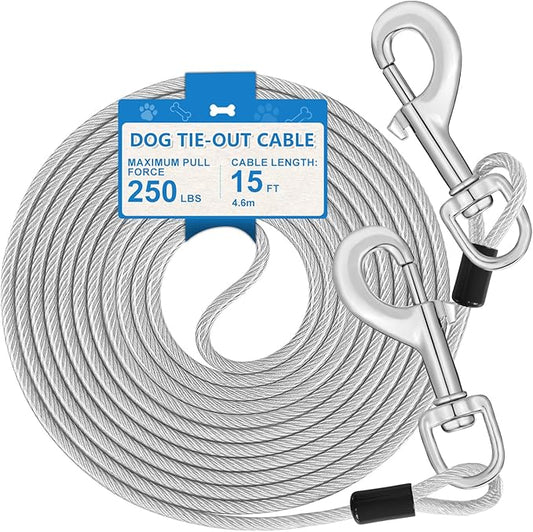 15FT Tie Out Cable for Large Dogs Up to 250 Pounds Heavy Duty, Dog Runner for Yard and Camping, Silver
