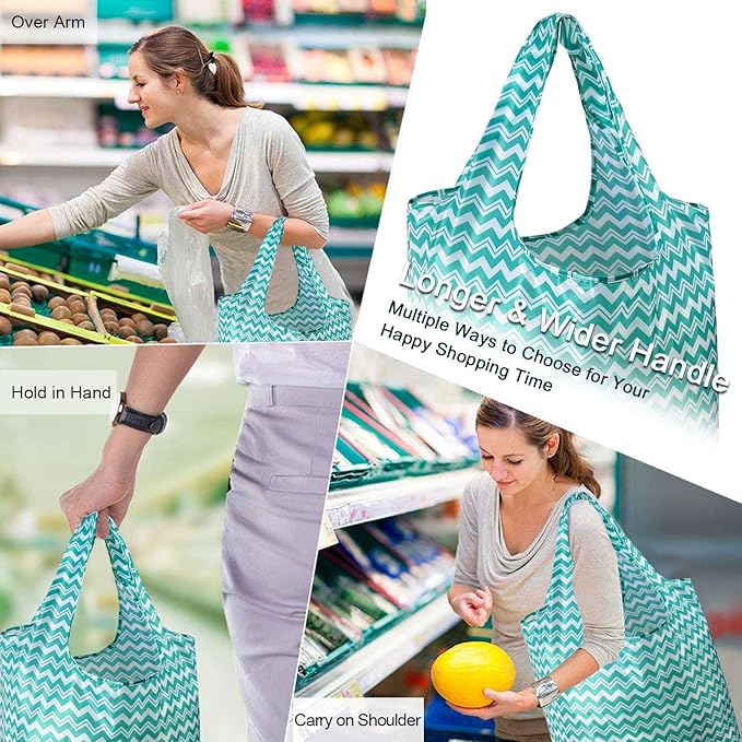 BeeGreen Reusable Grocery Bags Lightweight Durable Shopping Bags Washable Foldable 12 Pack Xlarge Classic Geometric Design Gift Tote Grocery Bags with Elastic Band and Separated Zipper Storage Pouch