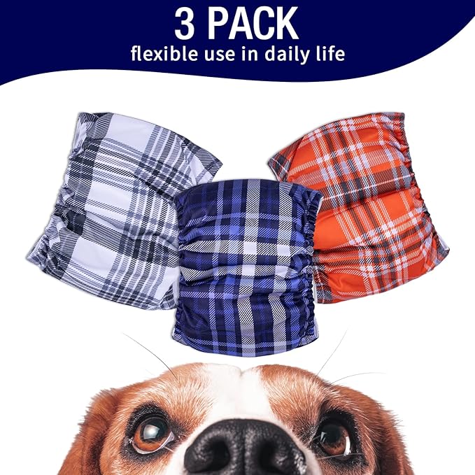 MICOOYO Washable Belly Bands for Male Dogs Reusable Doggie Diapers Absorbent Doggy Wraps with Adjustable Fastener - XSmall (Pack of 3, Plaid Red and Blue and Grey)